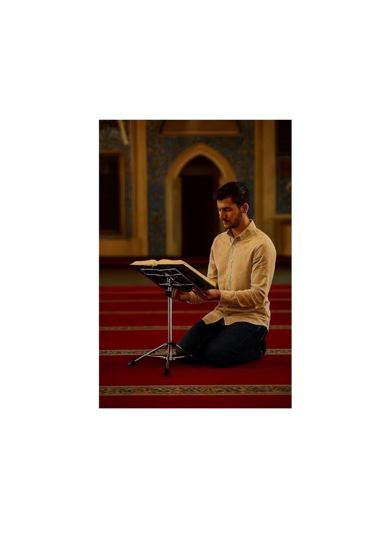 حامل مصحف ستانلس ستيل متعدد المستويات قابل للتعديل – ارتفاع حتى 150 سم – مع مصحف التهجد وقيام الليل مقاس (50 * 35) ورق ابيض كلمات وثابت لقراءة مريحة (قبة ابيض) - Image 3